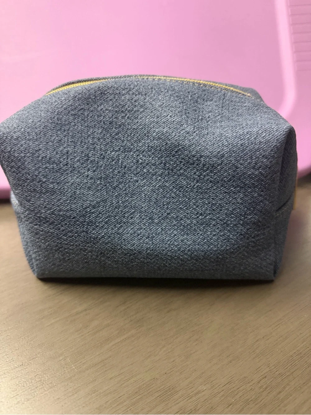 True Religion Blue Denim Logo Pouch with Yellow Zipper